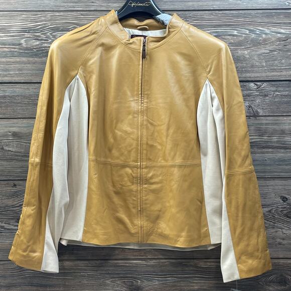 Hal Rubenstein Tan Leather Jacket Coat Lined Cream Ponte Stretch SZ 2X C101666 - Picture 1 of 7